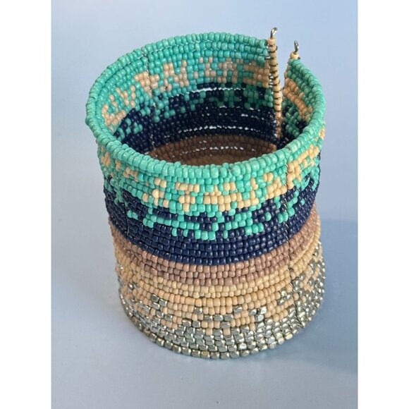 Vintage Beaded Metal Cuff Bracelet Multicolor Glass Tribal Western Design 2 3/4" - Picture 2 of 5